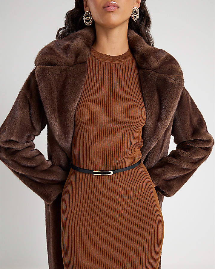 Brown Knitted Long Sleeve Midi Dress