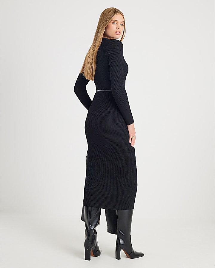 Black Knitted Long Sleeve Midi Dress