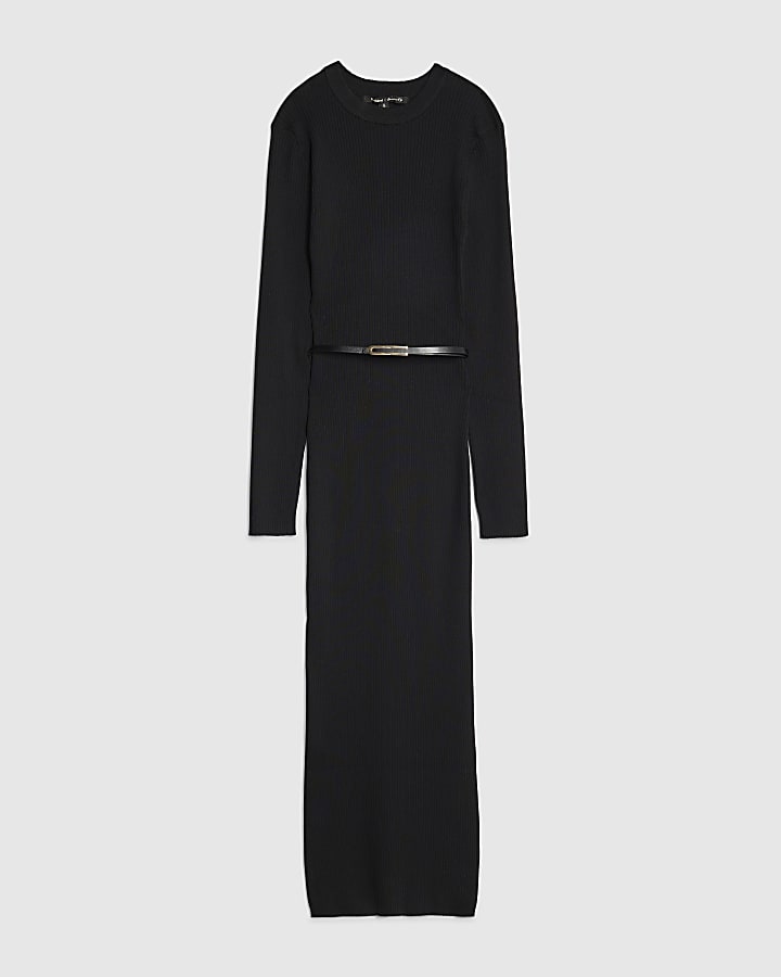 Black Knitted Long Sleeve Midi Dress