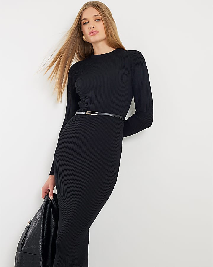 Black Knitted Long Sleeve Midi Dress