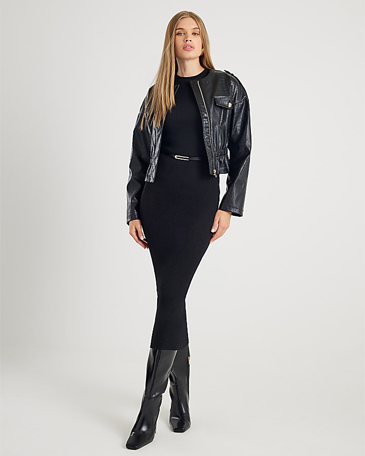 Black Knitted Long Sleeve Midi Dress