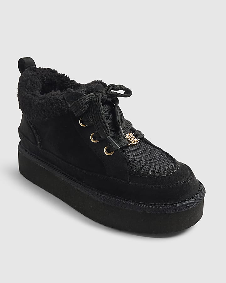 Black Faux Suede Lace Up Faux Fur Lined Boots