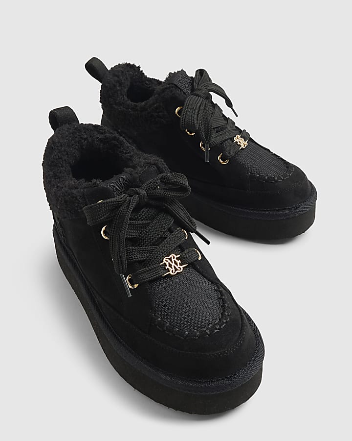 Black Faux Suede Lace Up Faux Fur Lined Boots