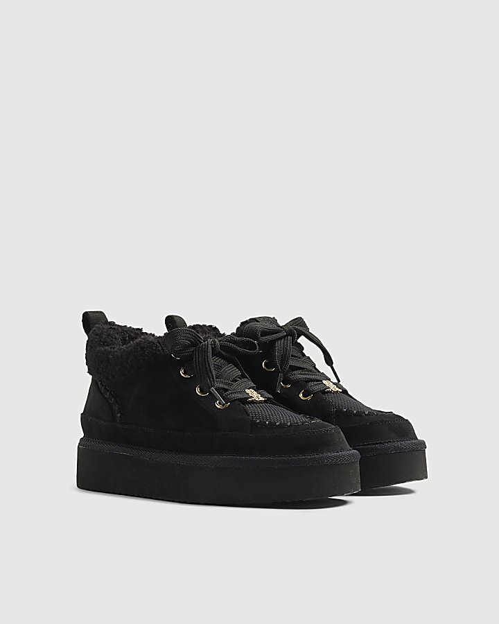 Black Faux Suede Lace Up Faux Fur Lined Boots