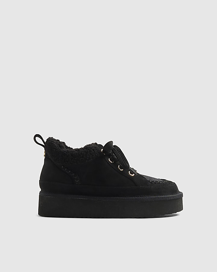 Black Faux Suede Lace Up Faux Fur Lined Boots