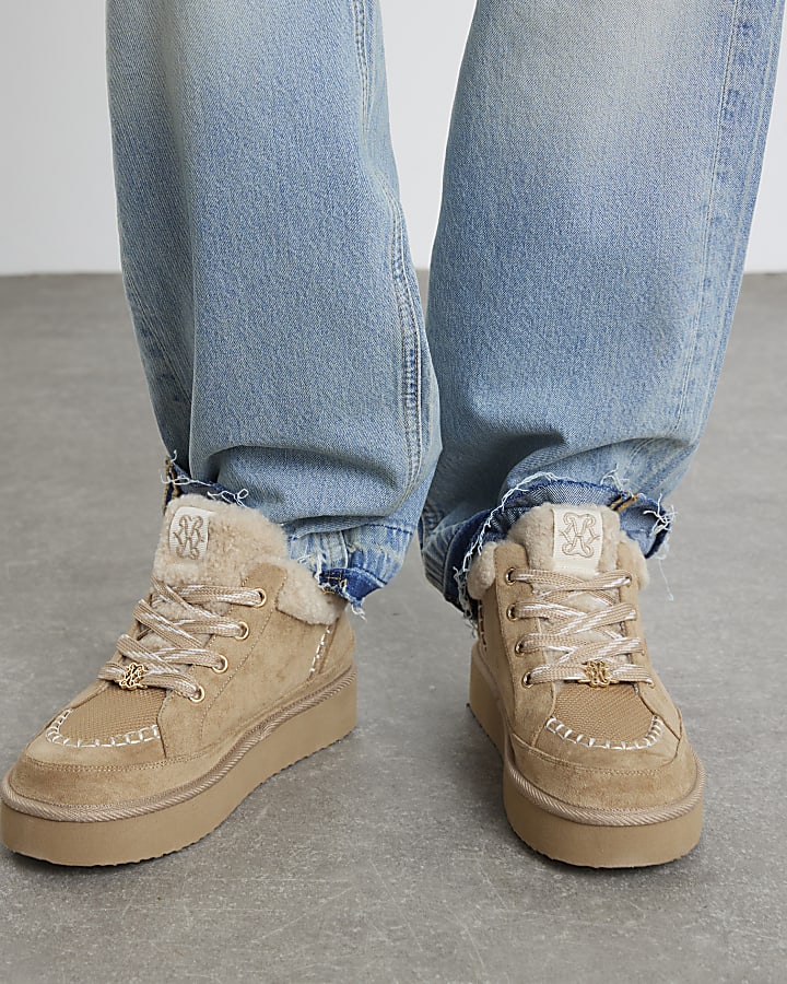 Beige Faux Fur Lined Lace Up Boots