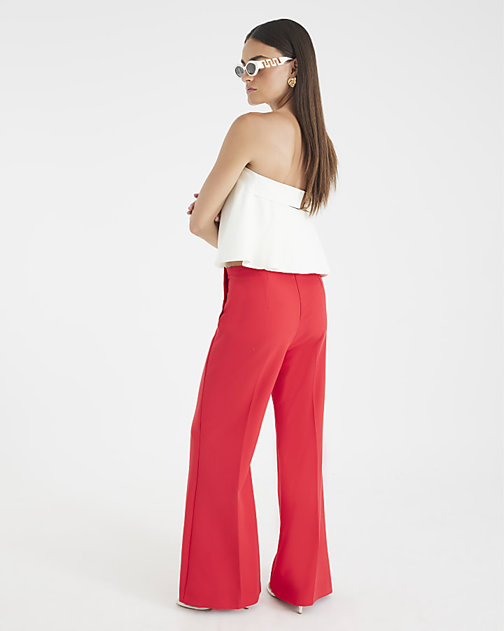 Red Button Front Wide Leg Trousers