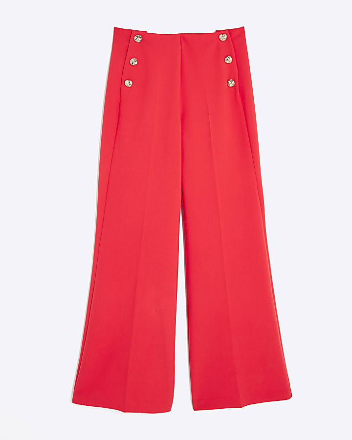 Red Button Front Wide Leg Trousers