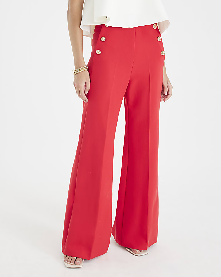 Red Button Front Wide Leg Trousers