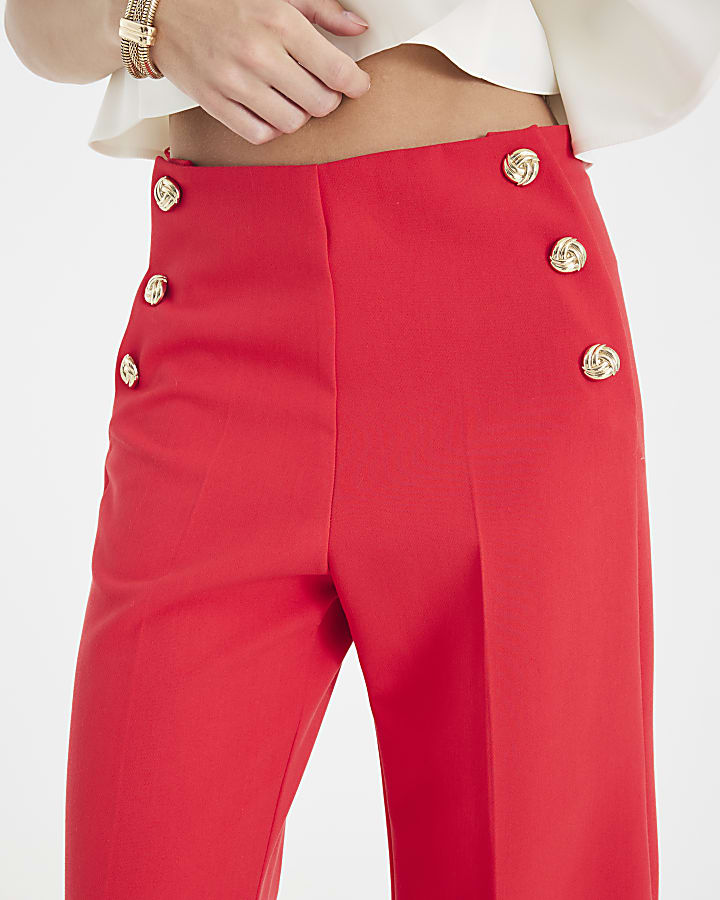 Red Button Front Wide Leg Trousers
