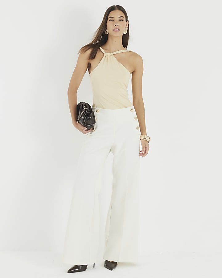 Cream Button Front Wide Leg Trousers
