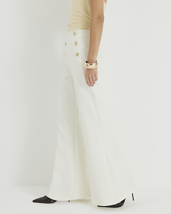 Cream Button Front Wide Leg Trousers