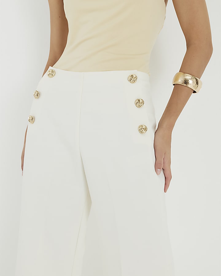 Cream Button Front Wide Leg Trousers
