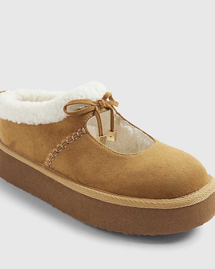 Beige Faux Fur Lined Mary Jane Shoes
