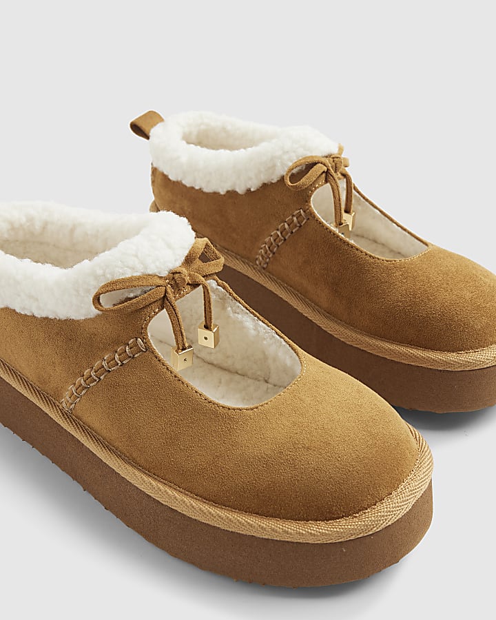 Beige Faux Fur Lined Mary Jane Shoes