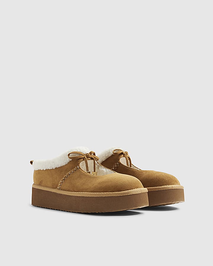 Beige Faux Fur Lined Mary Jane Shoes