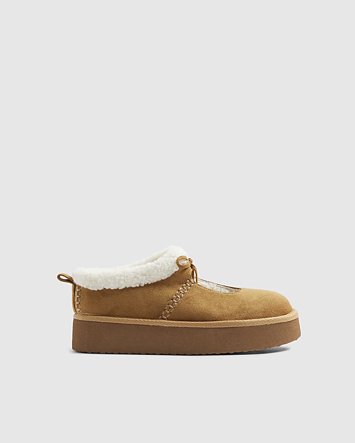 Beige Faux Fur Lined Mary Jane Shoes