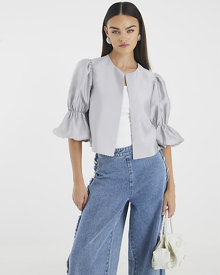 Silver Puff Sleeve Shacket Top
