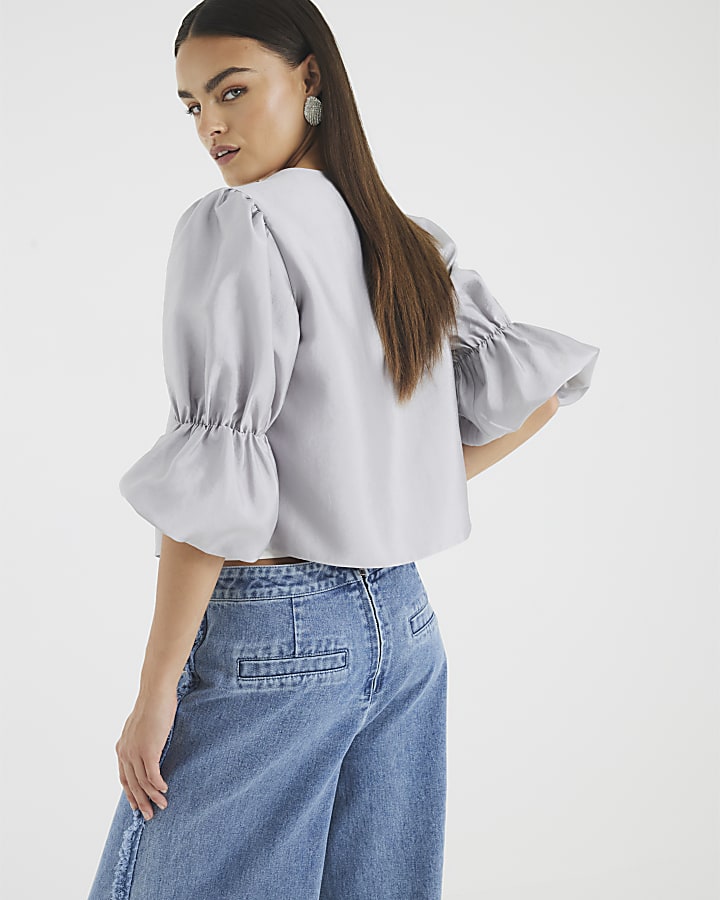 Silver Puff Sleeve Shacket Top