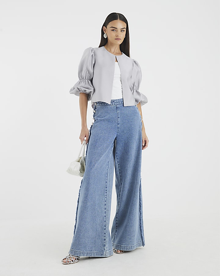 Silver Puff Sleeve Shacket Top