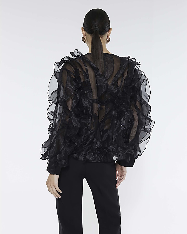 Black Sheer Ruffle Long Sleeve Top