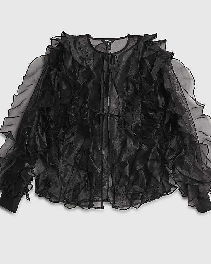 Black Sheer Ruffle Long Sleeve Top