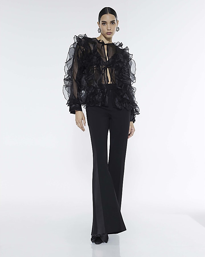 Black Sheer Ruffle Long Sleeve Top