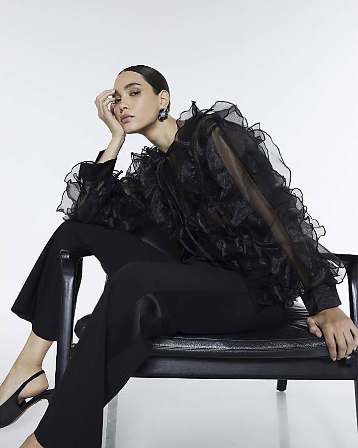 Black Sheer Ruffle Long Sleeve Top