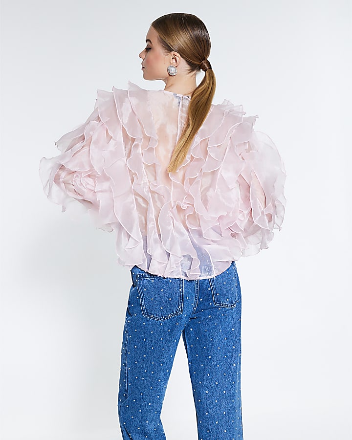 Pink Sheer Ruffle Long Sleeve Top