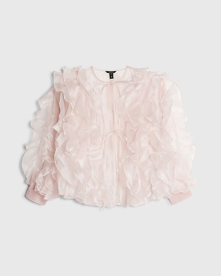 Pink Sheer Ruffle Long Sleeve Top