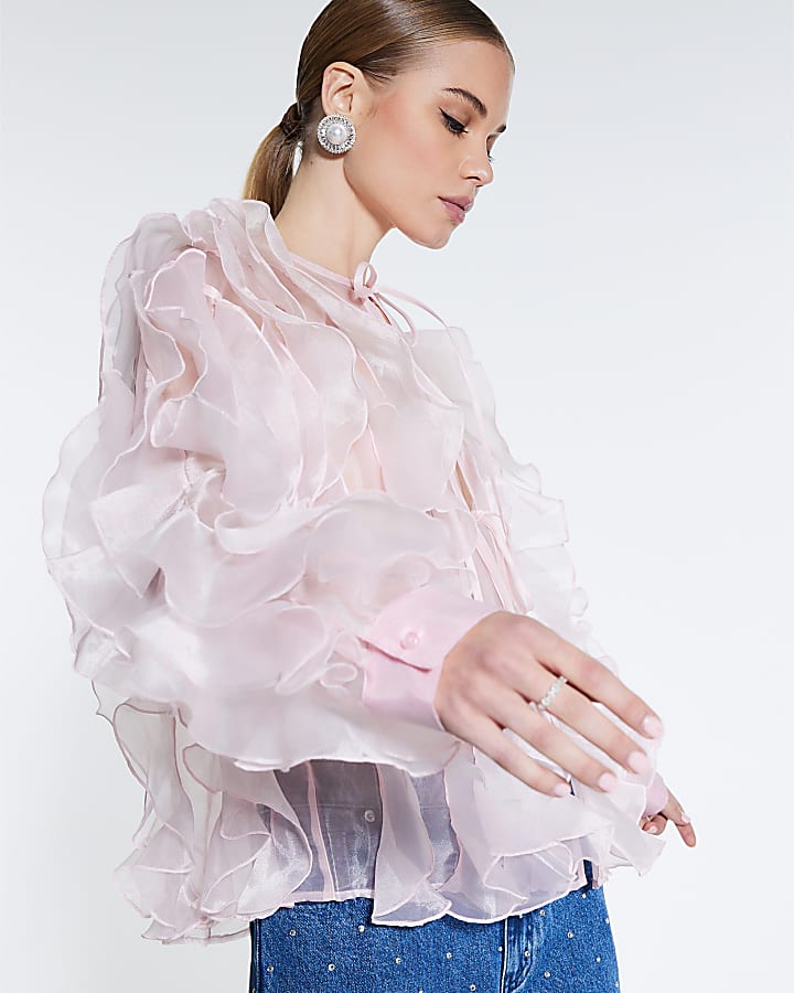 Pink Sheer Ruffle Long Sleeve Top