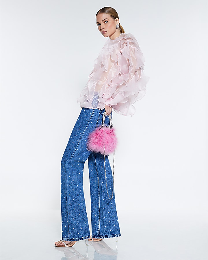 Pink Sheer Ruffle Long Sleeve Top