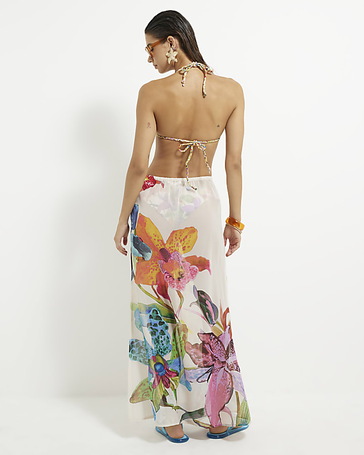 Multi Colour Tropical Print Maxi Beach Skirt