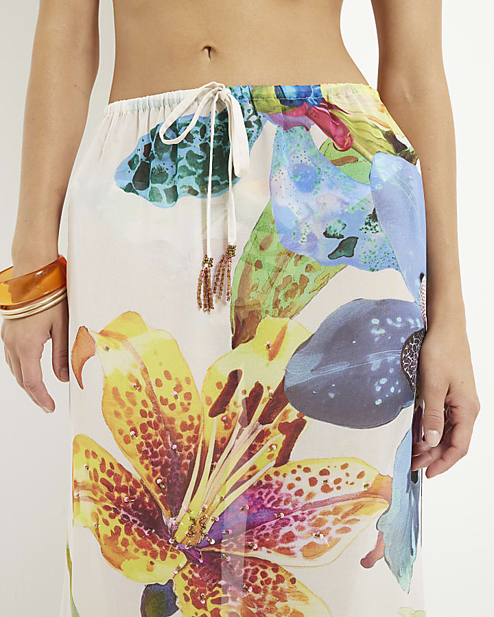 Multi Colour Tropical Print Maxi Beach Skirt