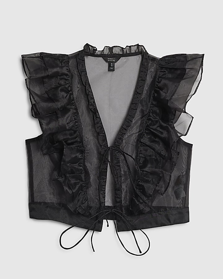 Black Sheer Ruffle Tie Front Top