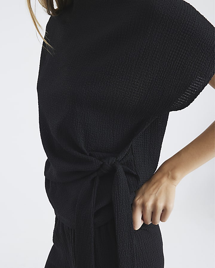 Black Short Sleeve Textured Tie Waist T-Shirt