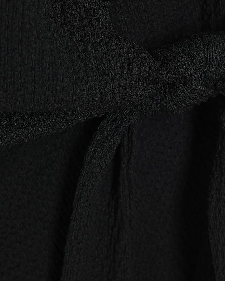 Black Short Sleeve Textured Tie Waist T-Shirt