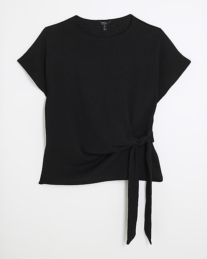 Black Short Sleeve Textured Tie Waist T-Shirt