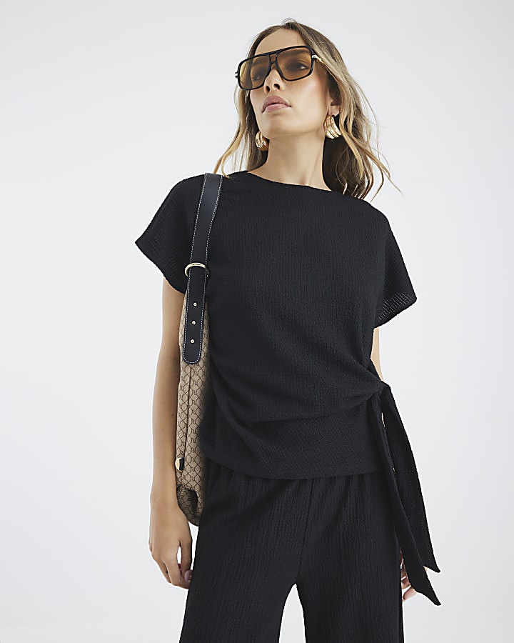 Black Short Sleeve Textured Tie Waist T-Shirt