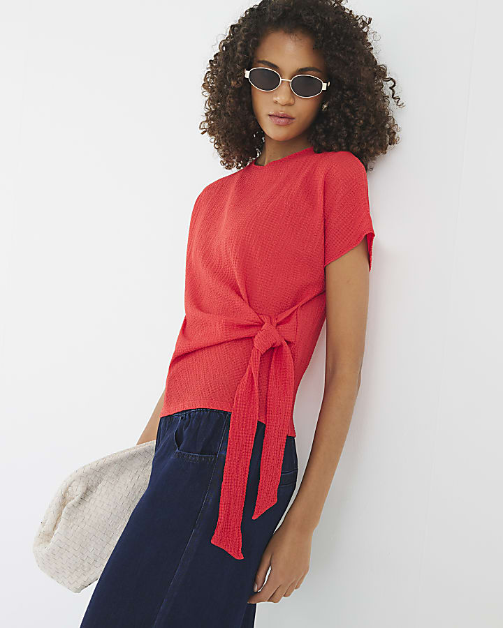 Red Short Sleeve Textured Tie Waist T-Shirt