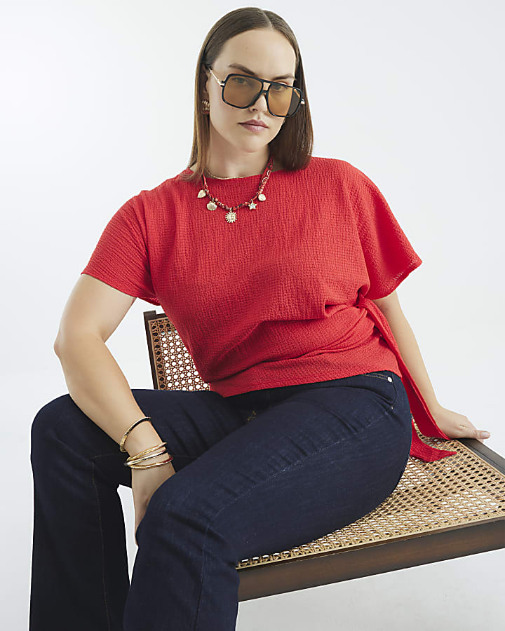Red Short Sleeve Textured Tie Waist T-Shirt