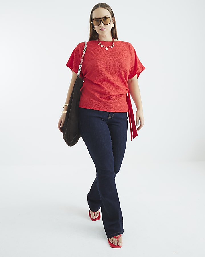 Red Short Sleeve Textured Tie Waist T-Shirt