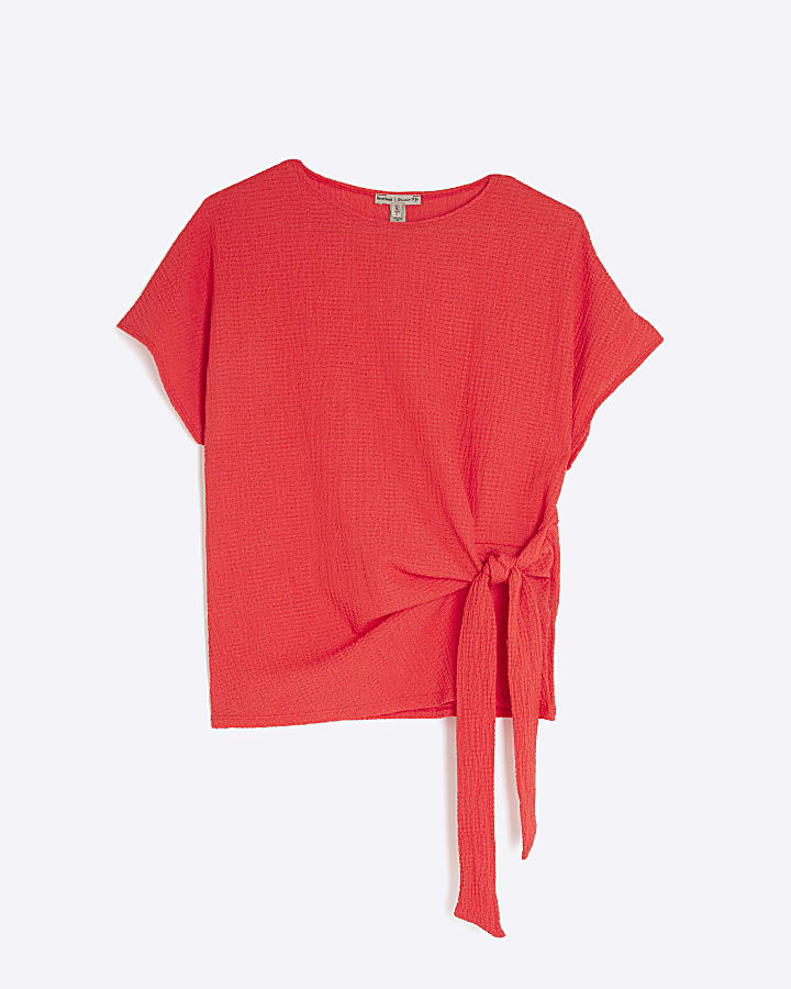 Red Short Sleeve Textured Tie Waist T-Shirt