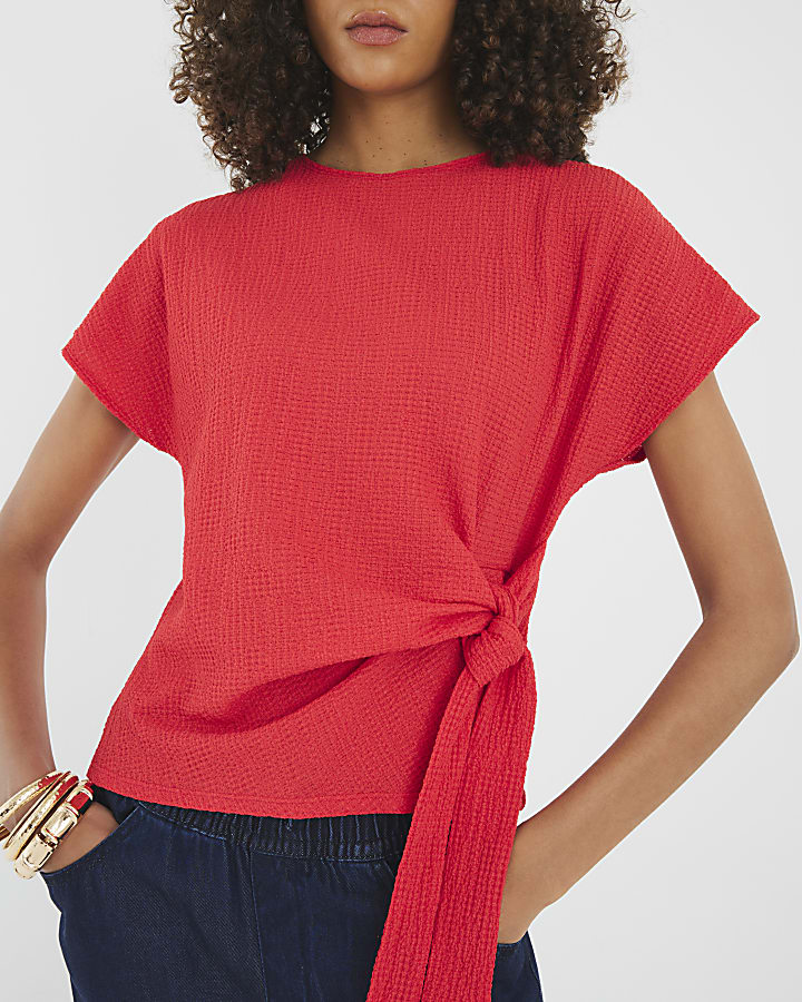 Red Short Sleeve Textured Tie Waist T-Shirt