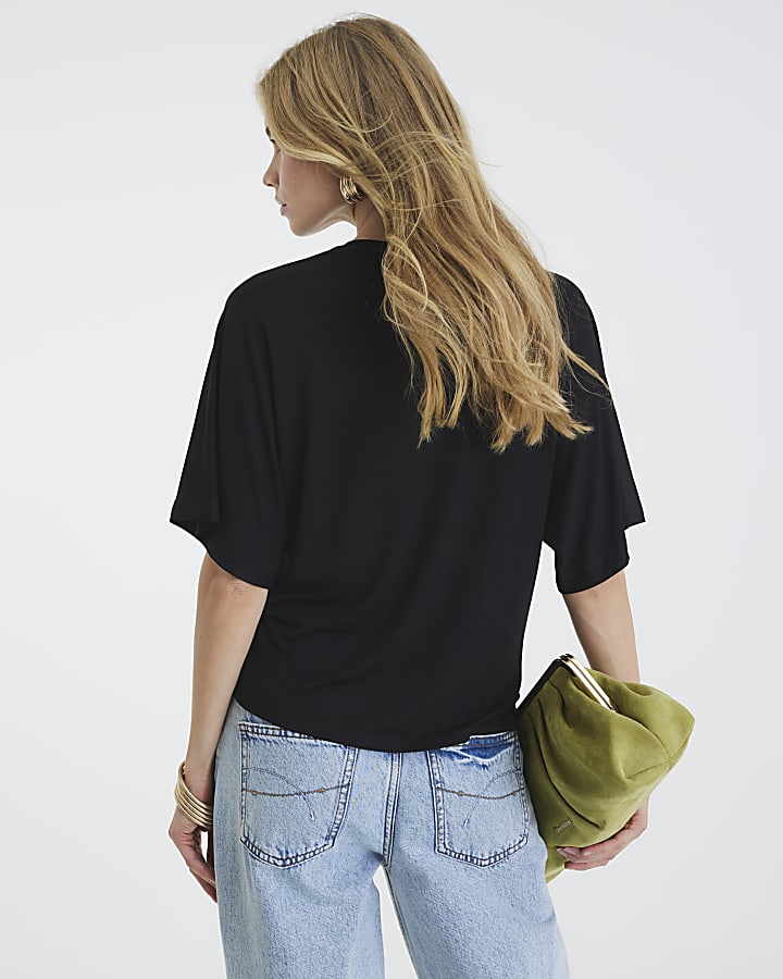 Black Short Sleeve Knot Front Top