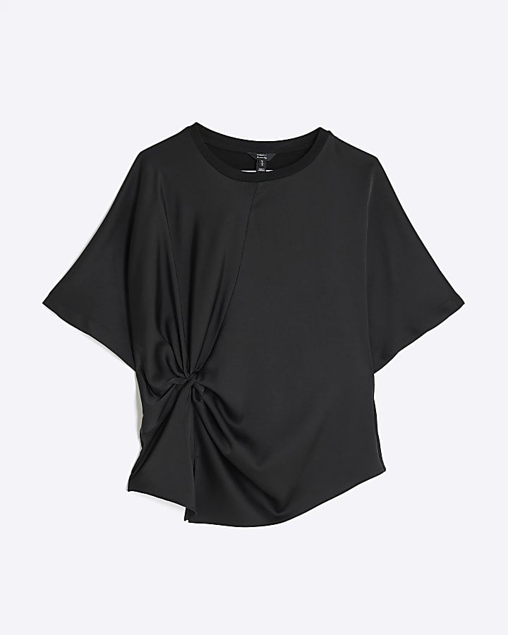 Black Short Sleeve Knot Front Top