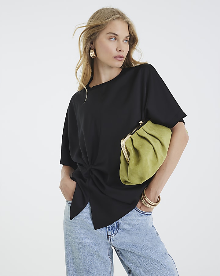 Black Short Sleeve Knot Front Top