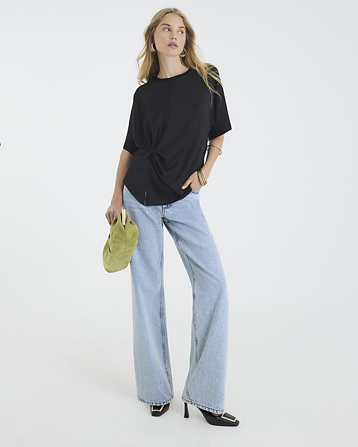 Black Short Sleeve Knot Front Top