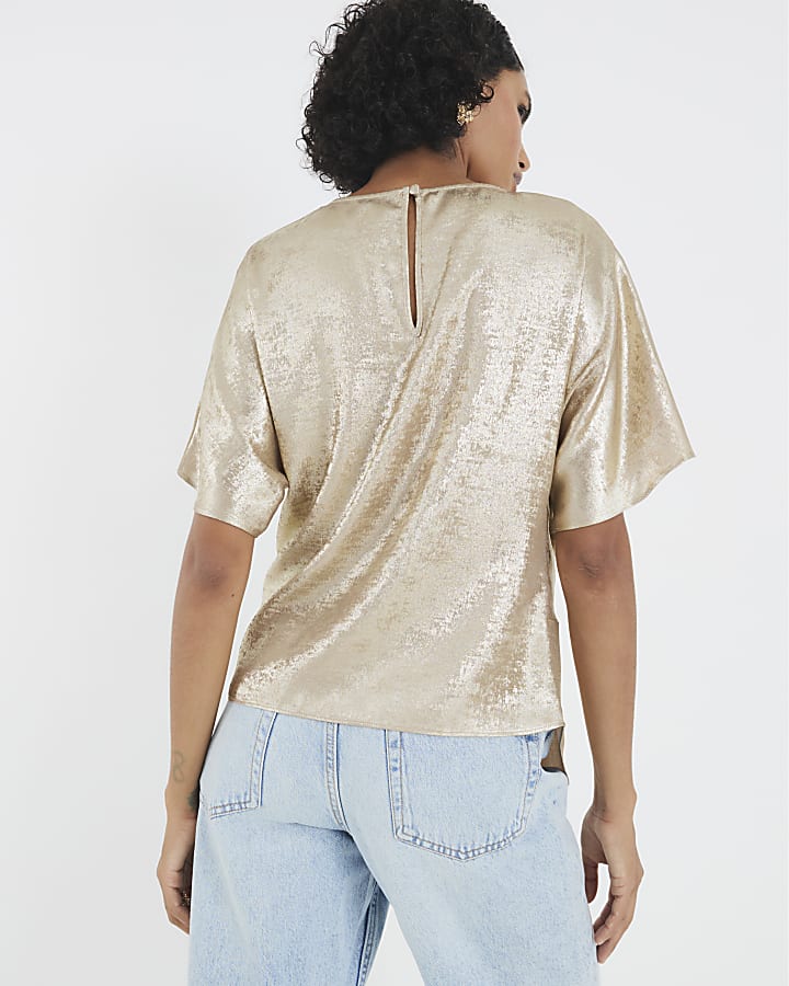 Gold Short Sleeve Knot Front Top