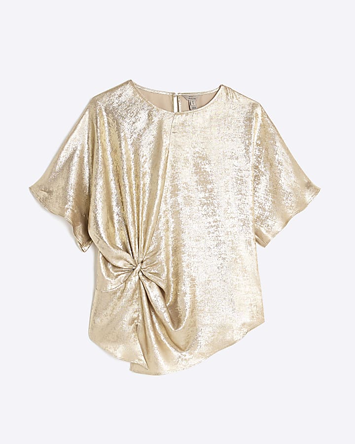 Gold Short Sleeve Knot Front Top
